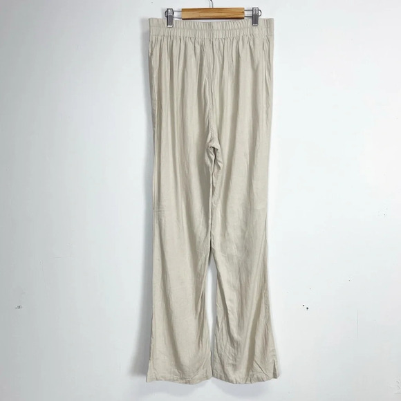 Happily Grey Pants Womens Medium Beige Khaki Linen Blend Pull On Stretch Waist - Picture 1 of 13
